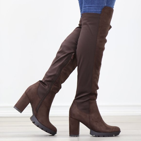 Brown Thigh High Over The Knee Lug Block Heel Boots Faux Suede Round Toe - Picture 9 of 16